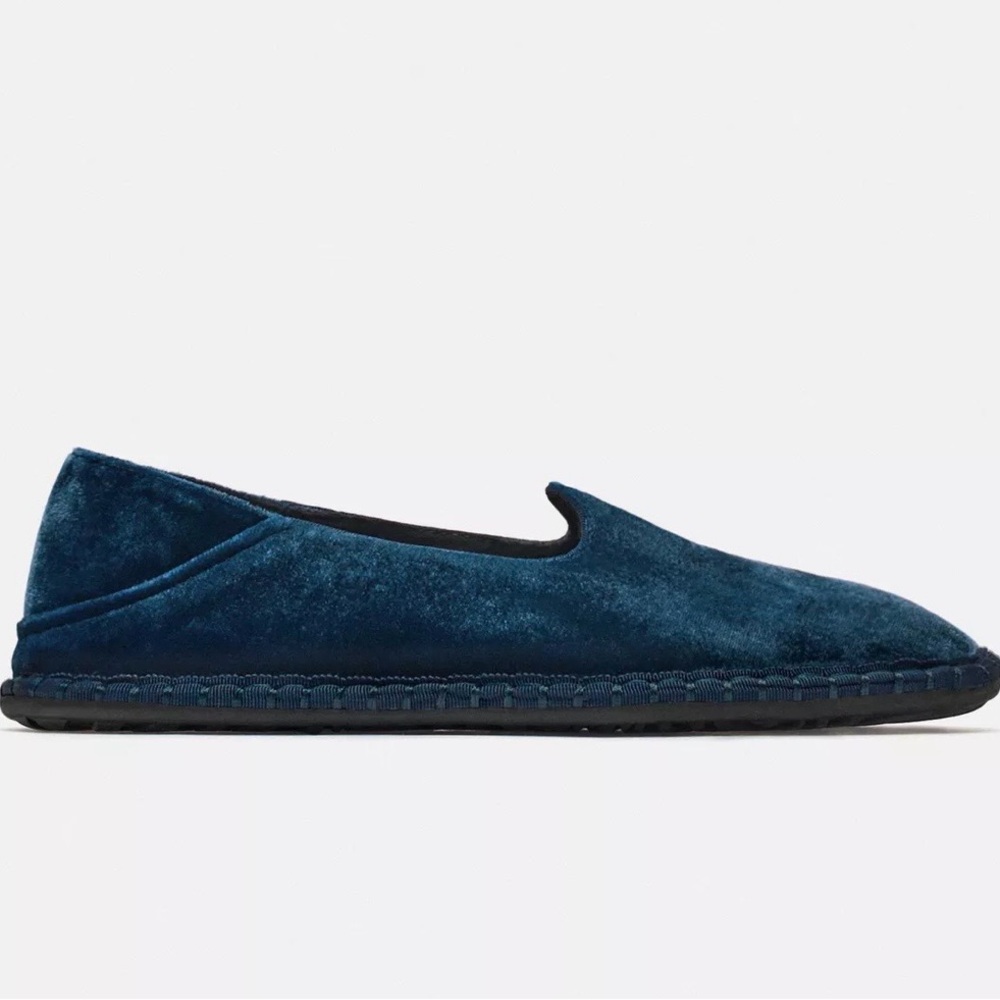 Zara Flat Blue Velvet Slip-On Shoes
